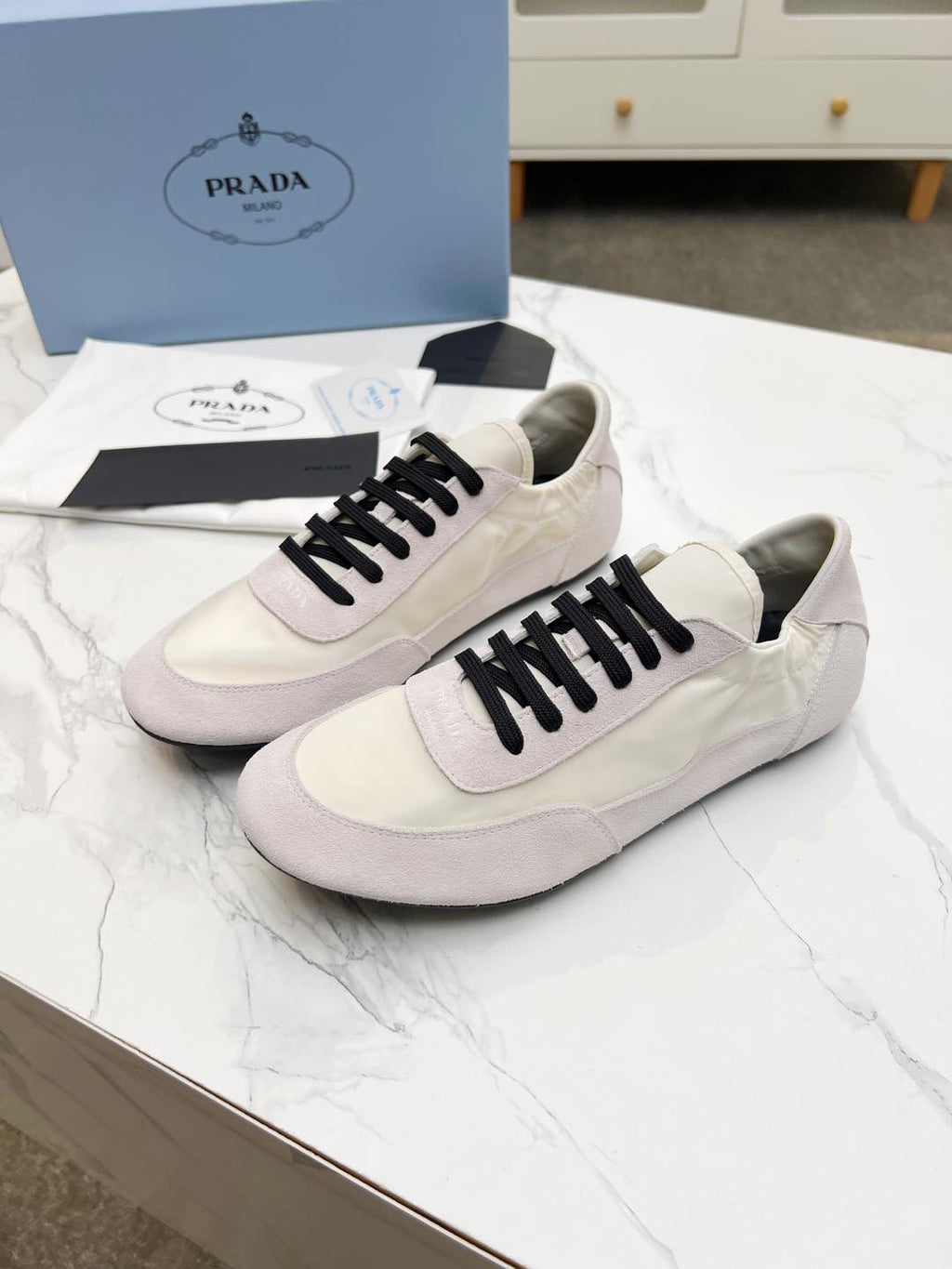PRADA COLLAPSE SNEAKERS IN BEIGE SUEDE AND NYLON