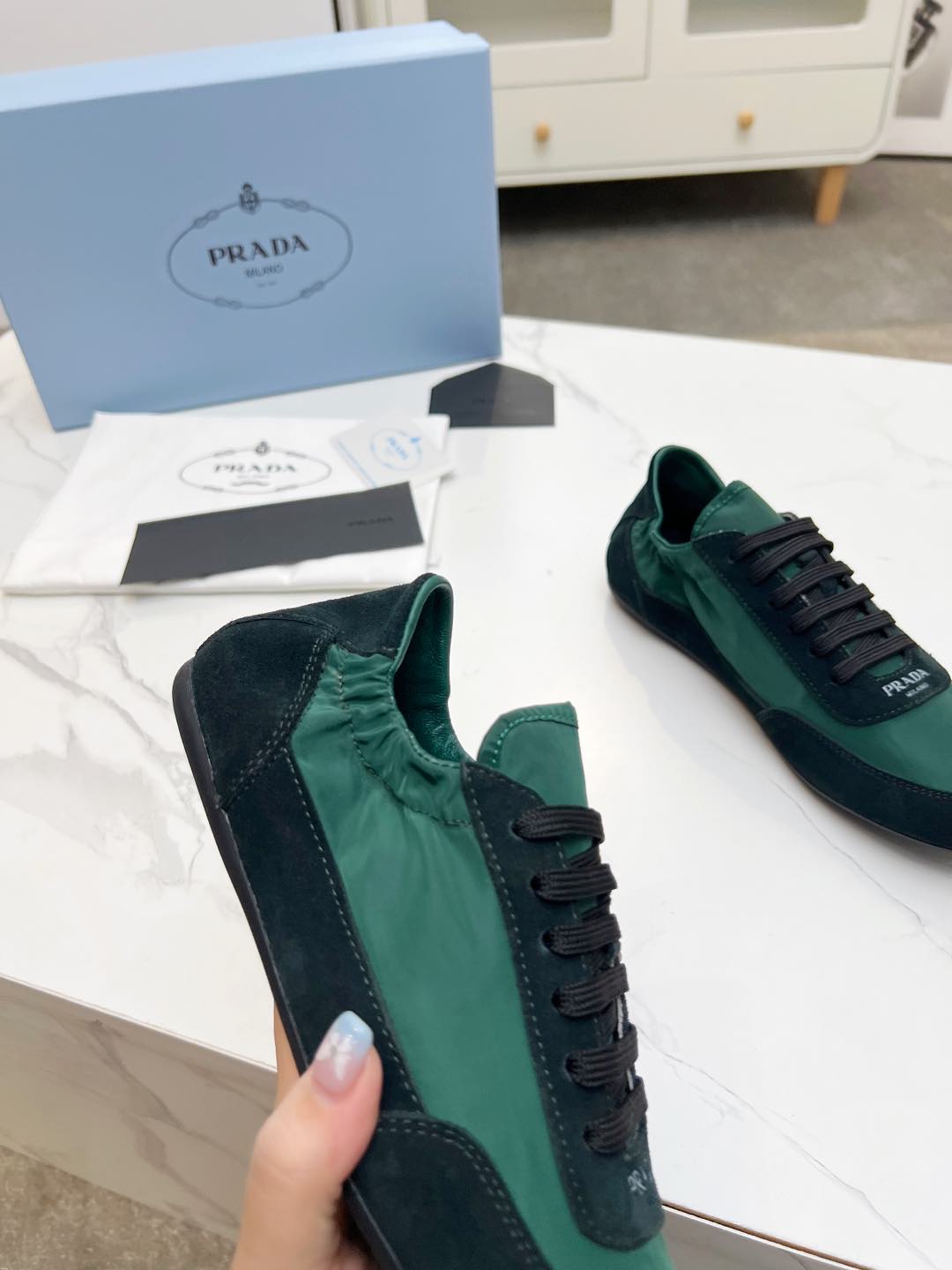 PRADA COLLAPSE SNEAKERS IN BLACK SUEDE AND FOREST GREEN NYLON