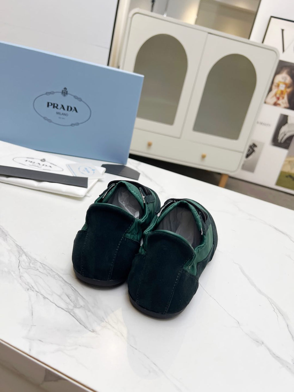 PRADA COLLAPSE SNEAKERS IN BLACK SUEDE AND FOREST GREEN NYLON