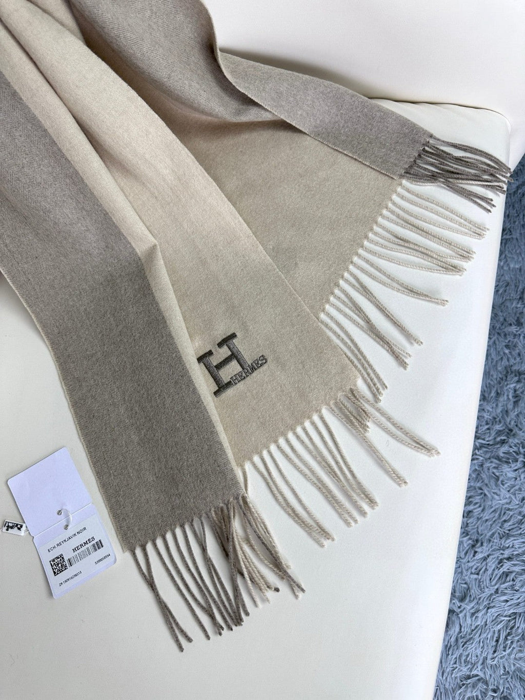 HERMES SCARF 190 CM IN WHITE MIX OAT TAN CASERE