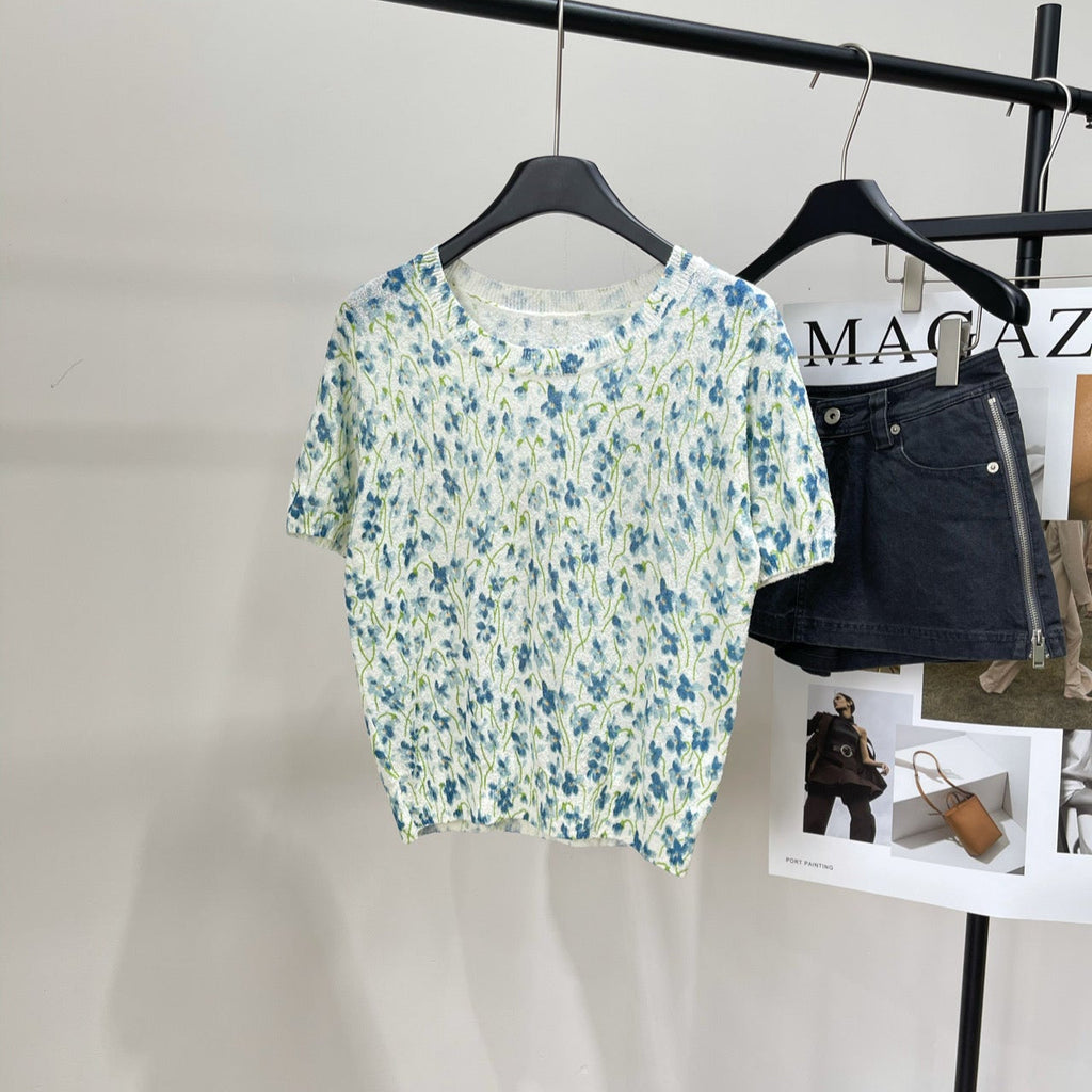 LOEWE SHORT-SLEEVE SWEATER WITH FLORAL KNIT 275922