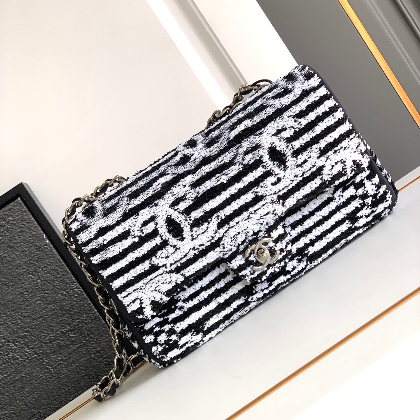 CHANEL 25S FLAP BAG 25 CM IN WHITE MIX BLACK SEQUINS