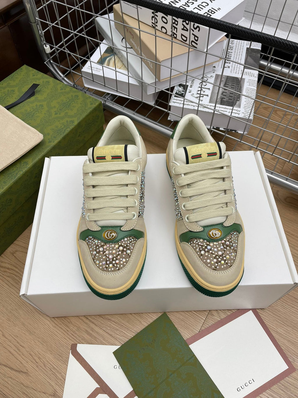 GUCCI SNEAKER WITH DIAMOND IN IVORY SUEDE AND CANVAS