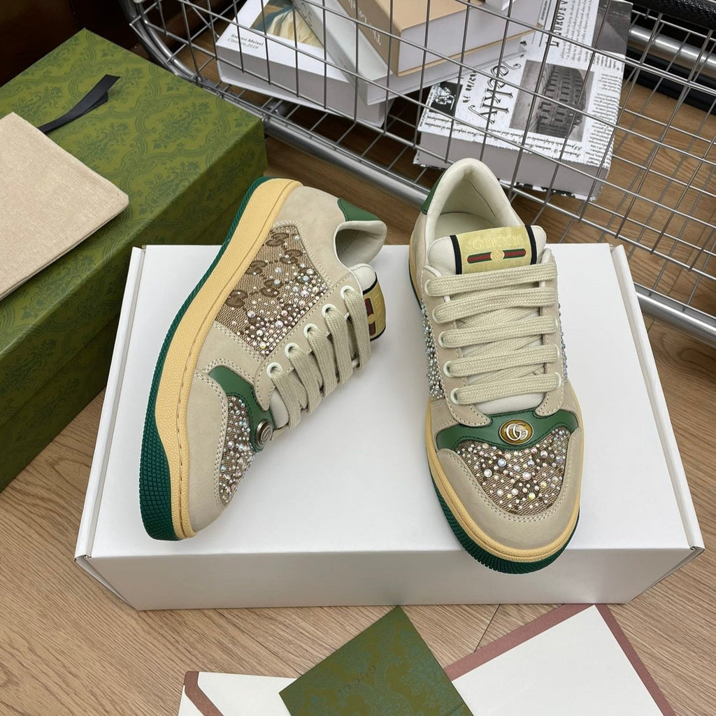 GUCCI SNEAKER WITH DIAMOND IN IVORY SUEDE AND CANVAS