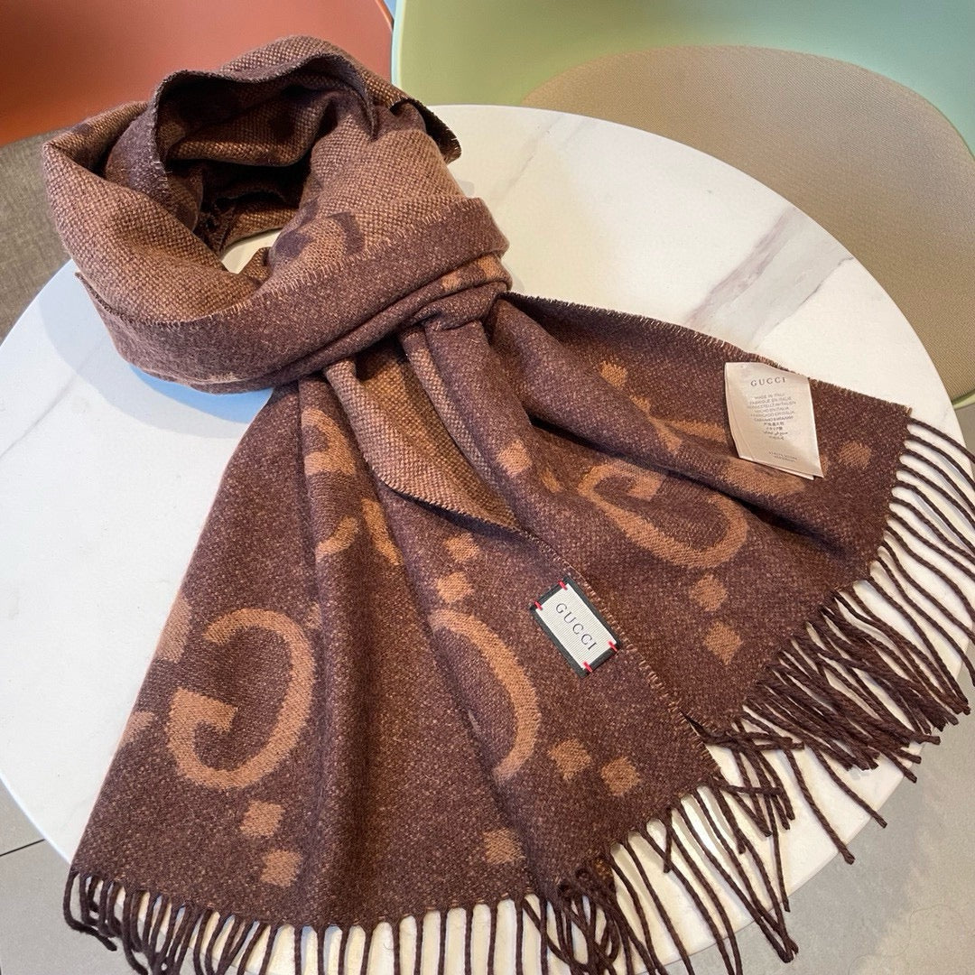 GUCCI JACQUARD PATTERN KNIT SCARF 195 CM WITH TASSELS CHESTNUT BROWN 403749