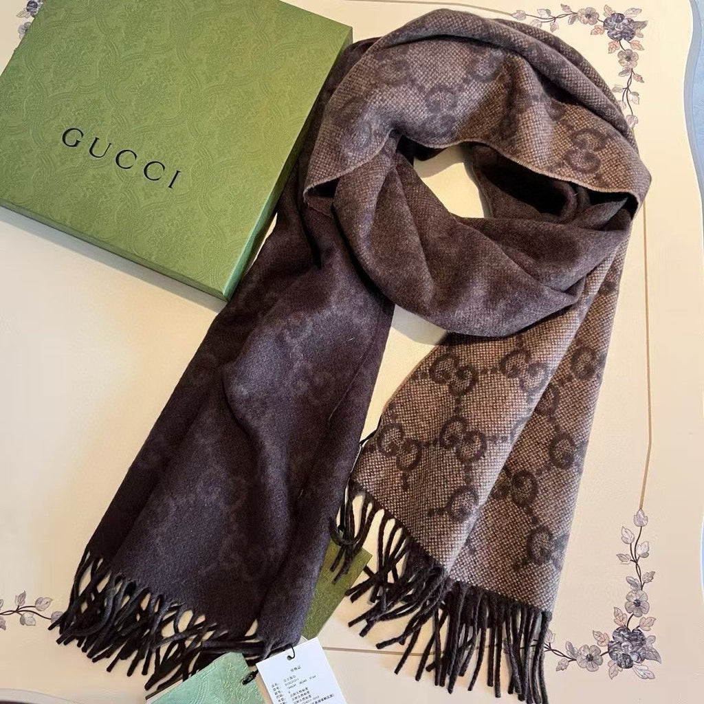 GUCCI SCARF 200 CM CHOCOLATE BROWN  CASHMERE JACQUARD 405133