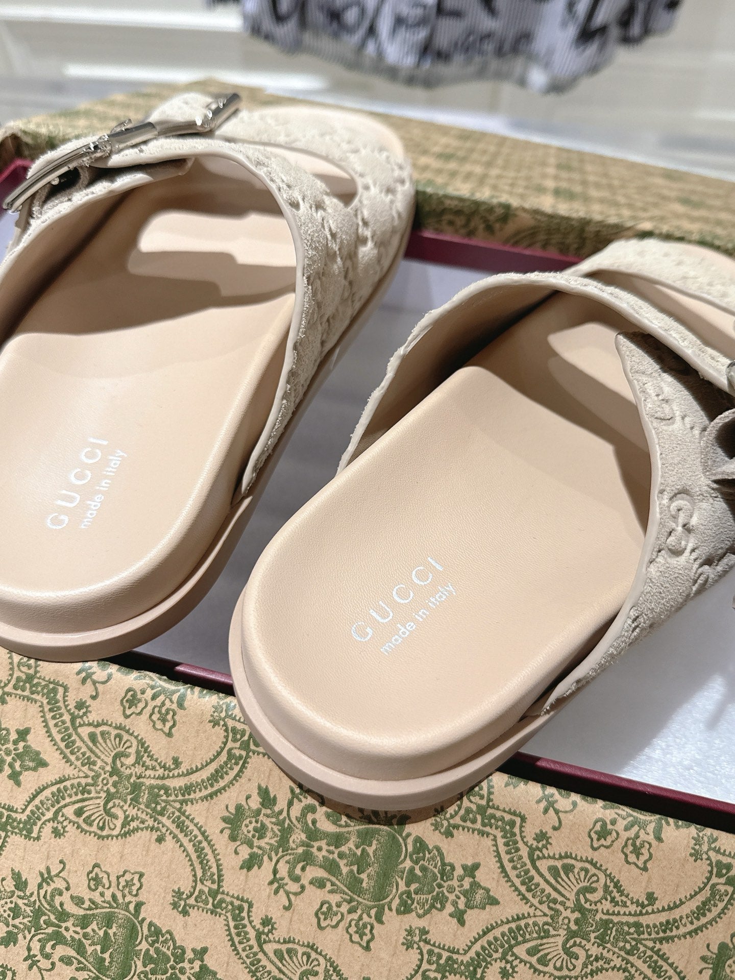 GUCCI SANDALS IN NUDE BEIGE SUEDE EMBOSSED LOGO SILVER HARDWARE