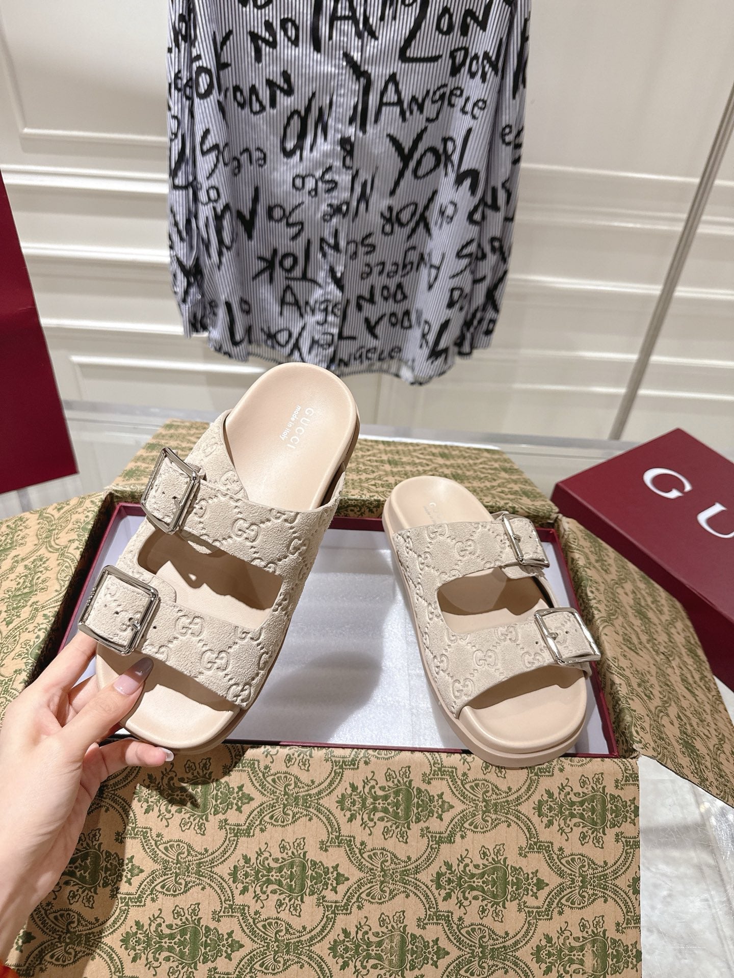 GUCCI SANDALS IN NUDE BEIGE SUEDE EMBOSSED LOGO SILVER HARDWARE