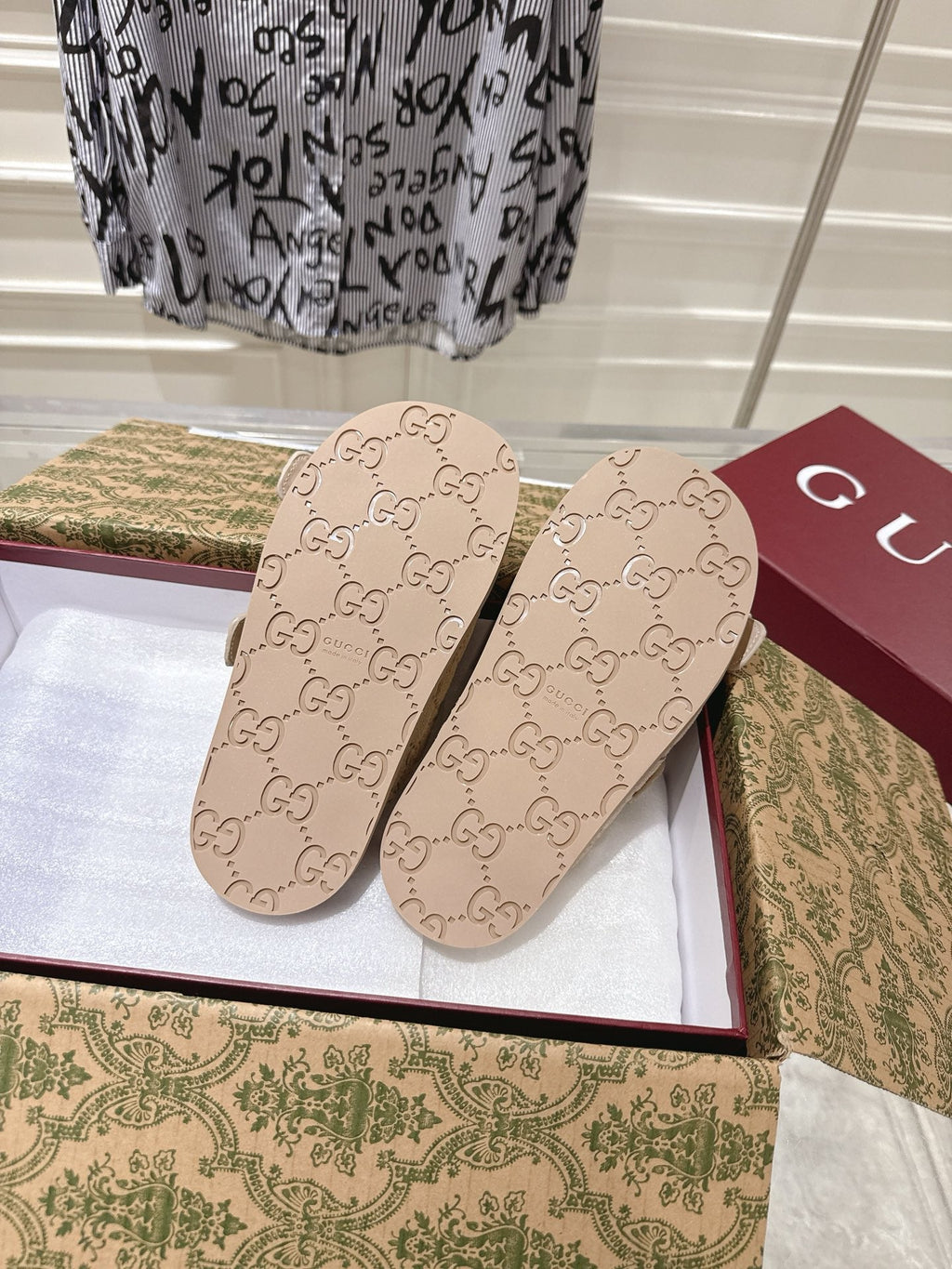 GUCCI SANDALS IN NUDE BEIGE SUEDE EMBOSSED LOGO SILVER HARDWARE