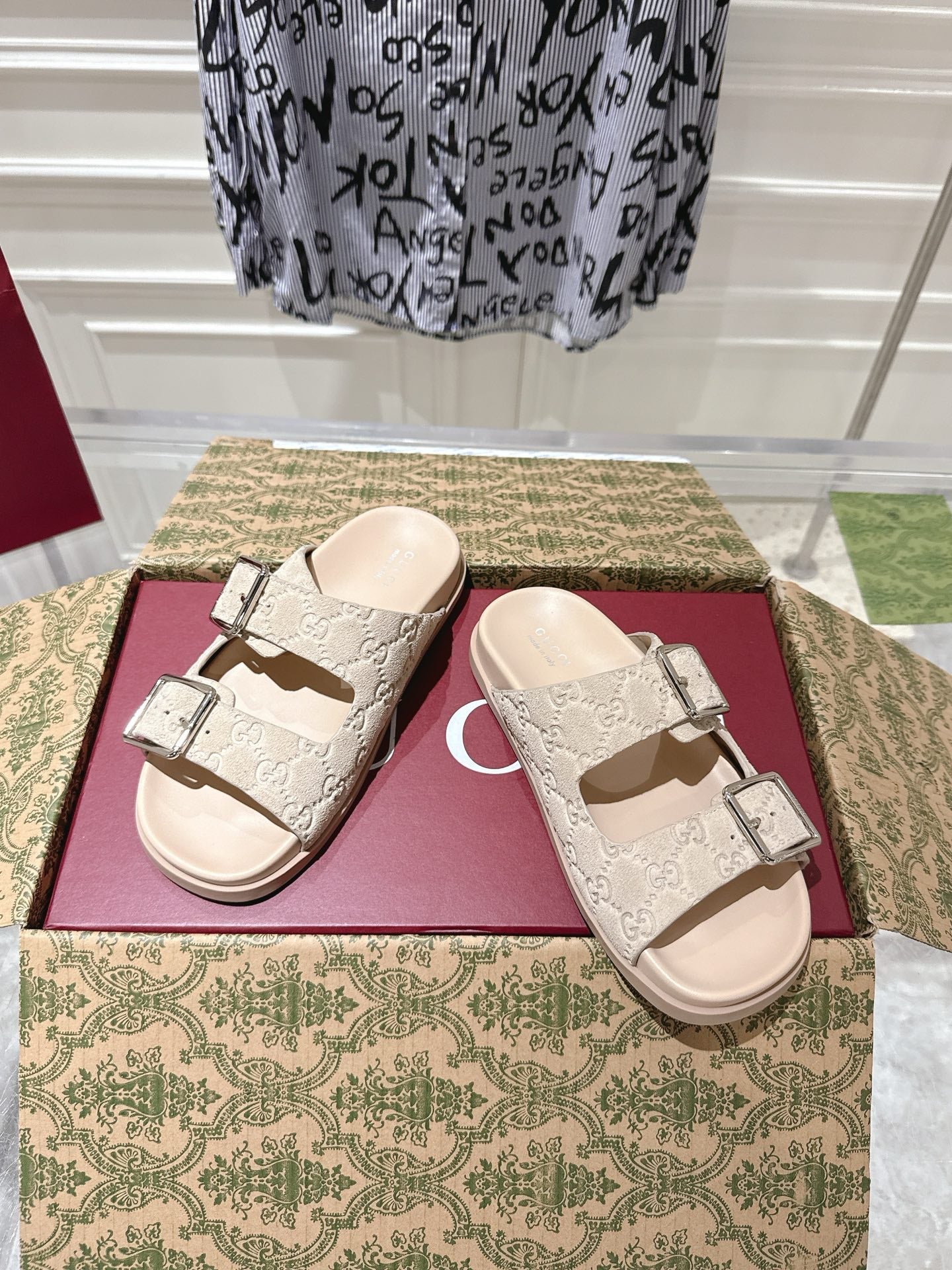 GUCCI SANDALS IN NUDE BEIGE SUEDE EMBOSSED LOGO SILVER HARDWARE
