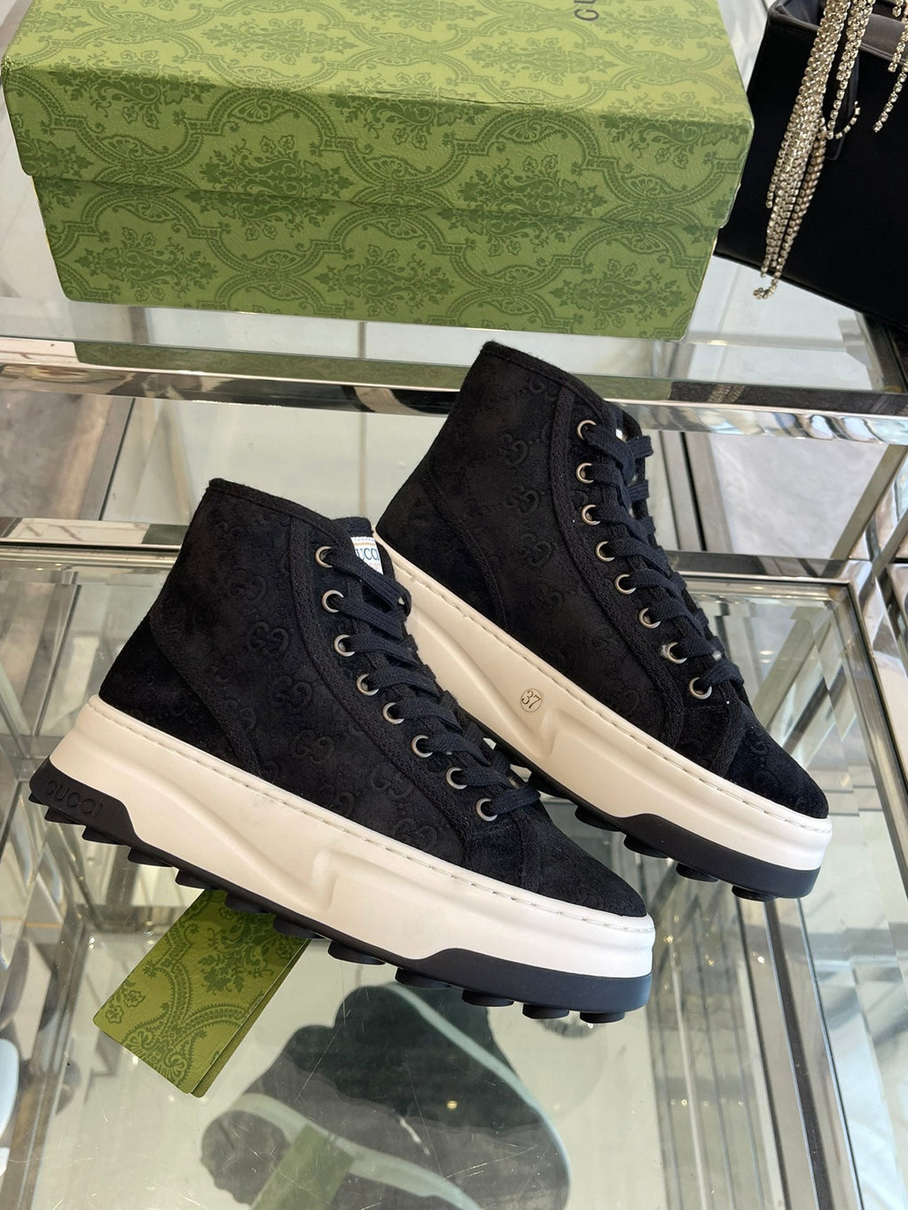 GUCCI HIGH TOP SNEAKER IN BLACK CANVAS WITH BEIGE FLEECE LINING