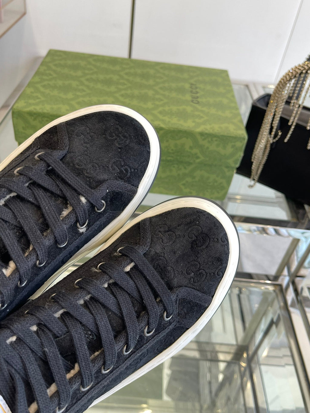 GUCCI HIGH TOP SNEAKER IN BLACK CANVAS WITH BEIGE FLEECE LINING