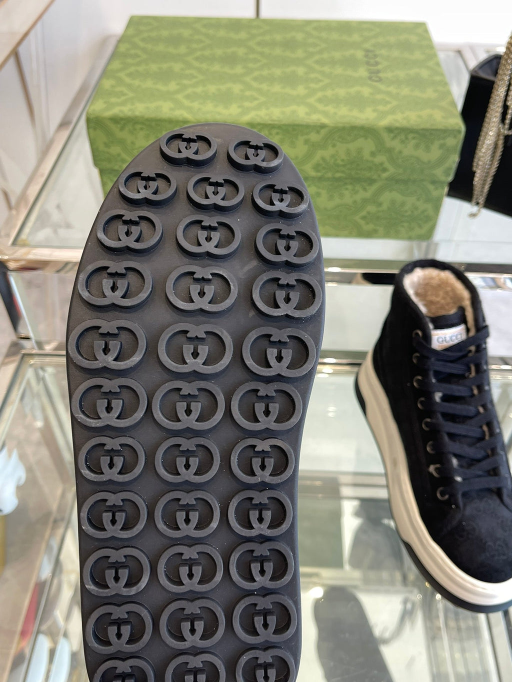 GUCCI HIGH TOP SNEAKER IN BLACK CANVAS WITH BEIGE FLEECE LINING