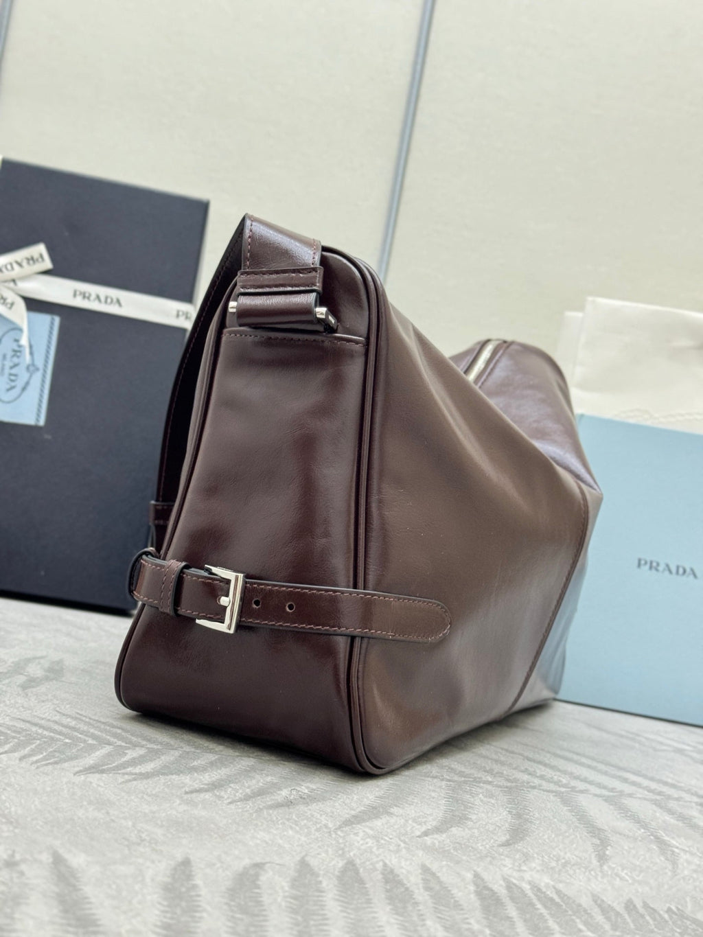PRADA 25S SHOULDER BAG 35 IN RK BROWN CALFSKIN SILVER HARDWRE