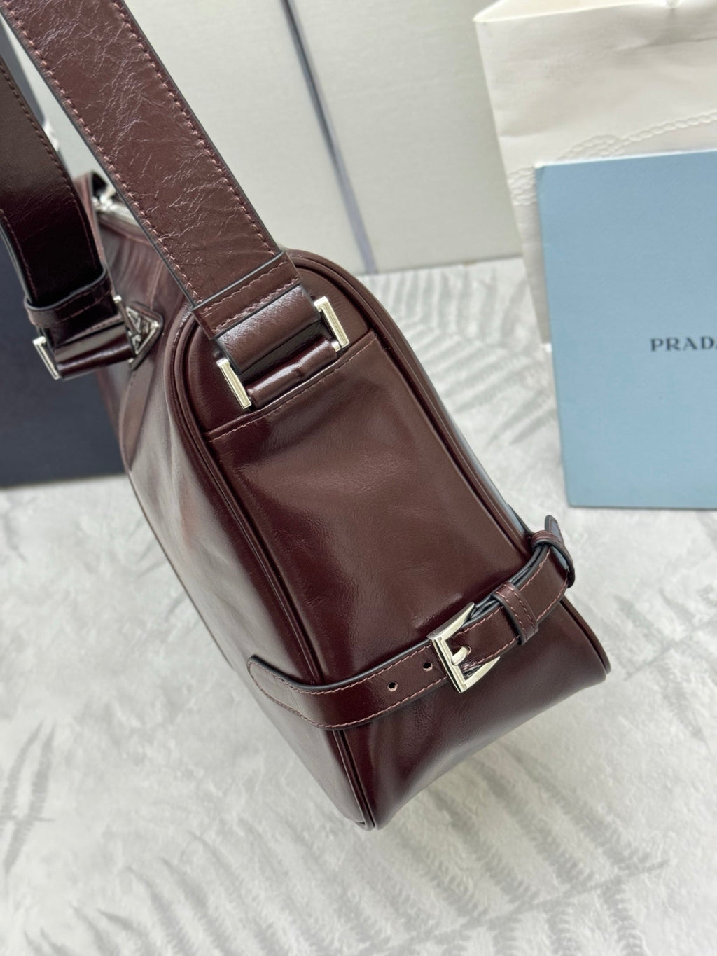 PRADA 25S SHOULDER BAG 35 IN RK BROWN CALFSKIN SILVER HARDWRE