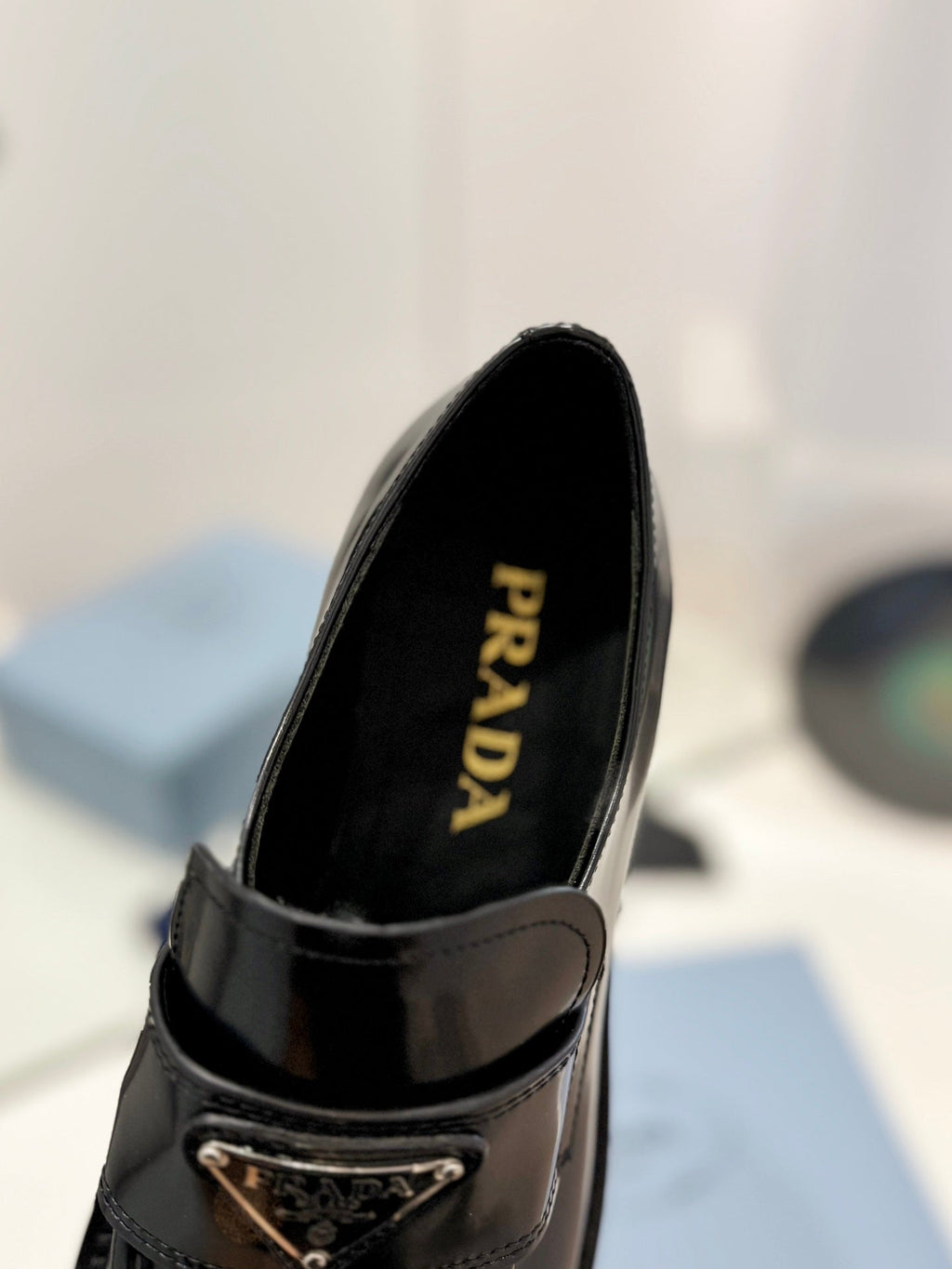 PRADA BRUSHED LOAFERS GLOSSY BLACK LAMBSKIN