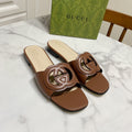 GUCCI INTERLOCKING G SLIDE SANDAL IN BROWN BEIGE CALFSKIN
