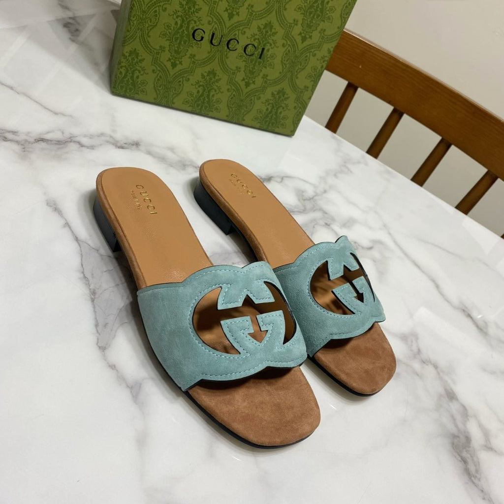 GUCCI INTERLOCKING G SLIDE SANDAL IN MORNING BLUE SUEDE AND BROWN SHEEPSKIN LINING