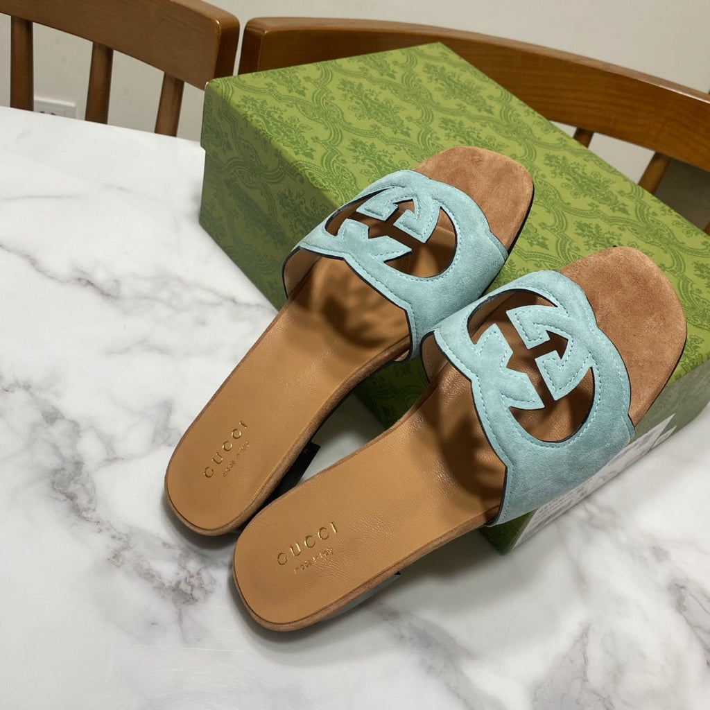 GUCCI INTERLOCKING G SLIDE SANDAL IN MORNING BLUE SUEDE AND BROWN SHEEPSKIN LINING