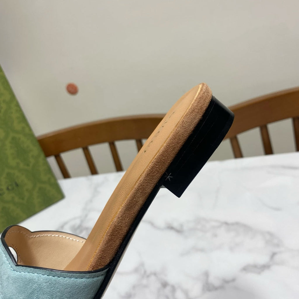 GUCCI INTERLOCKING G SLIDE SANDAL IN MORNING BLUE SUEDE AND BROWN SHEEPSKIN LINING