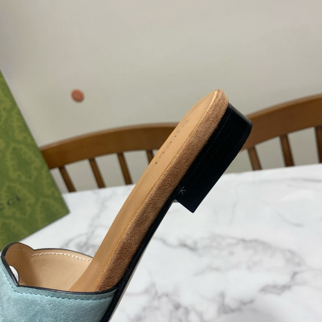 GUCCI INTERLOCKING G SLIDE SANDAL IN MORNING BLUE SUEDE AND BROWN SHEEPSKIN LINING
