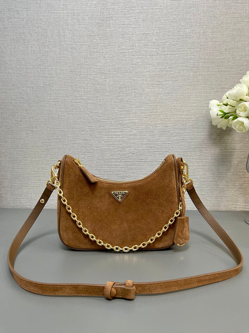 PRADA HOBO BAG 23 IN RUSSET BROWN SUEDE GOLD CHAIN