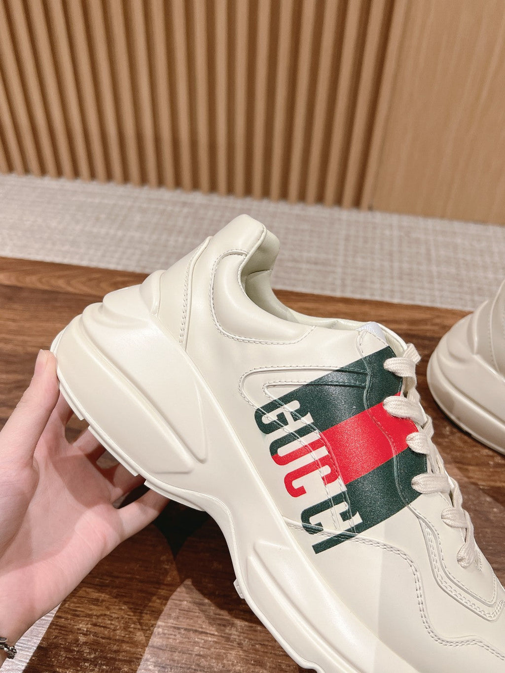 GUCCI RHYTON TRAINER WHITE CALFSKIN WITH WEB LOGO