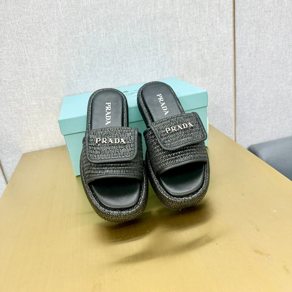 PRADA CROCHET SLIDES SLIPPERS BLACK RAFFIA