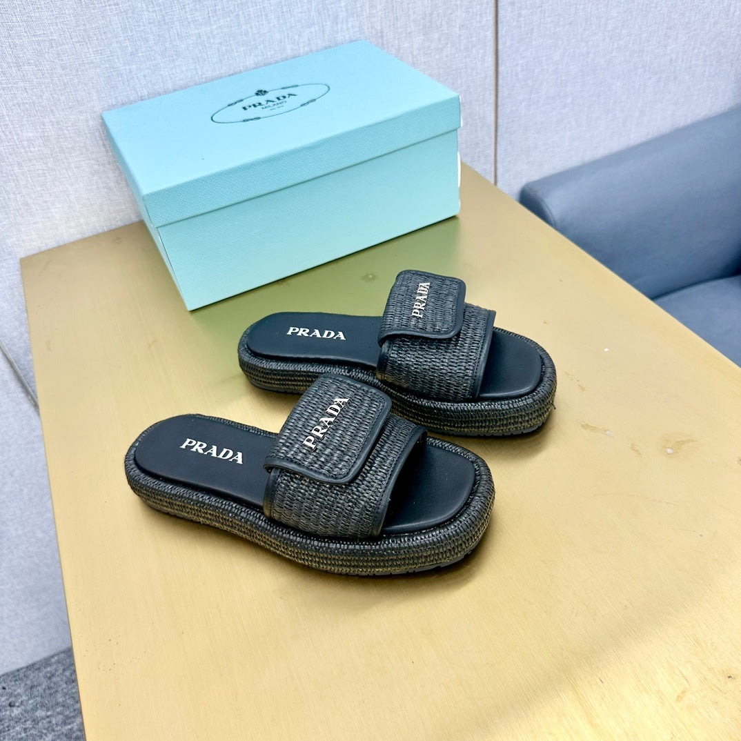 PRADA CROCHET SLIDES SLIPPERS BLACK RAFFIA