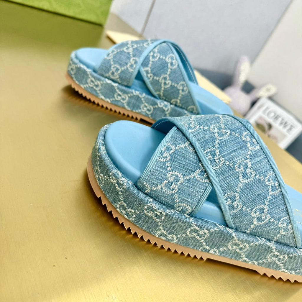 GUCCI SLIDE SANDAL SKY CANVAS CROSS STRAPS