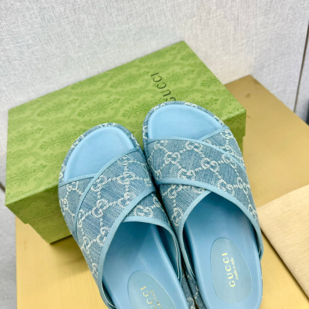 GUCCI SLIDE SANDAL SKY CANVAS CROSS STRAPS