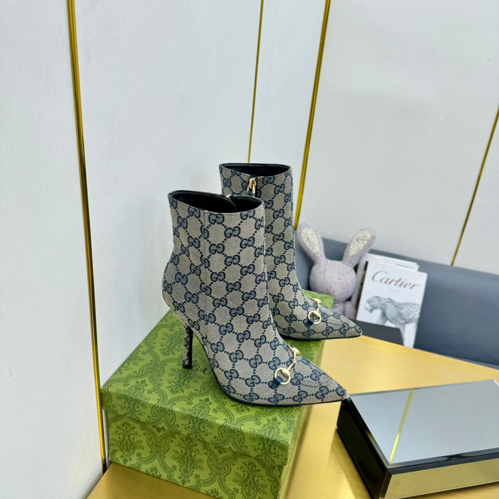 GUCCI HORSEBIT ANKLE BOOT IN PALE GRAY MONOGRAM CANVAS