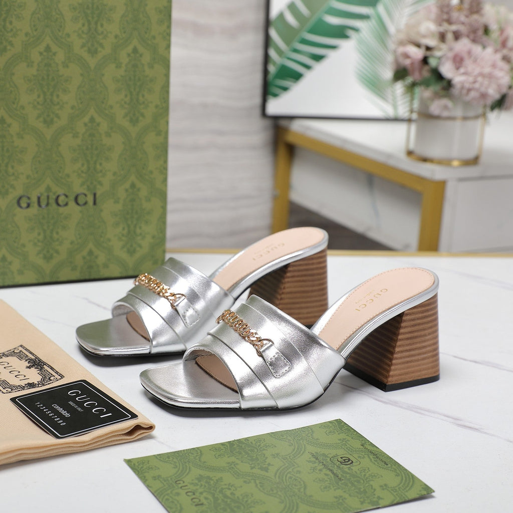 GUCCI High Heels Half Slippers Silver