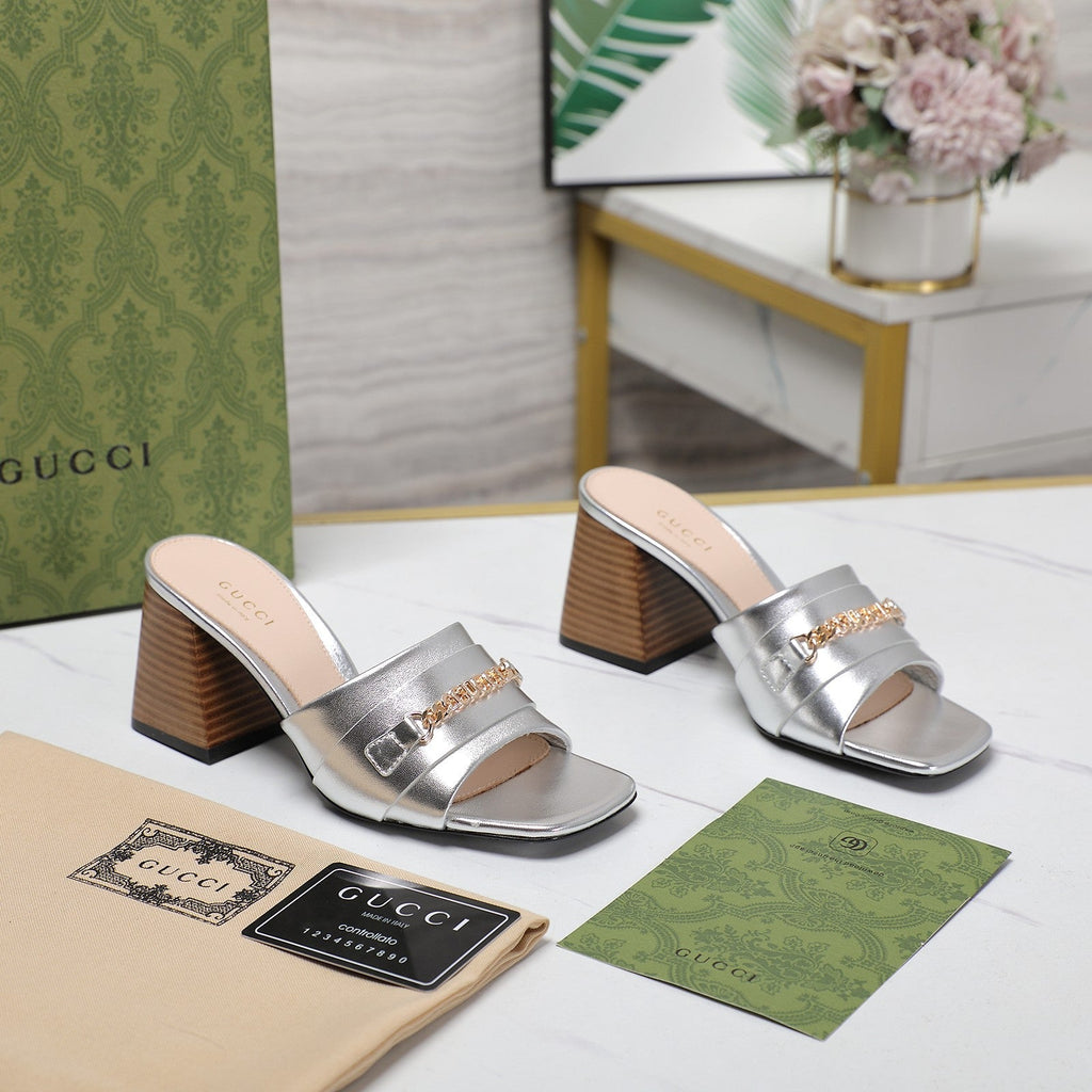 GUCCI High Heels Half Slippers Silver