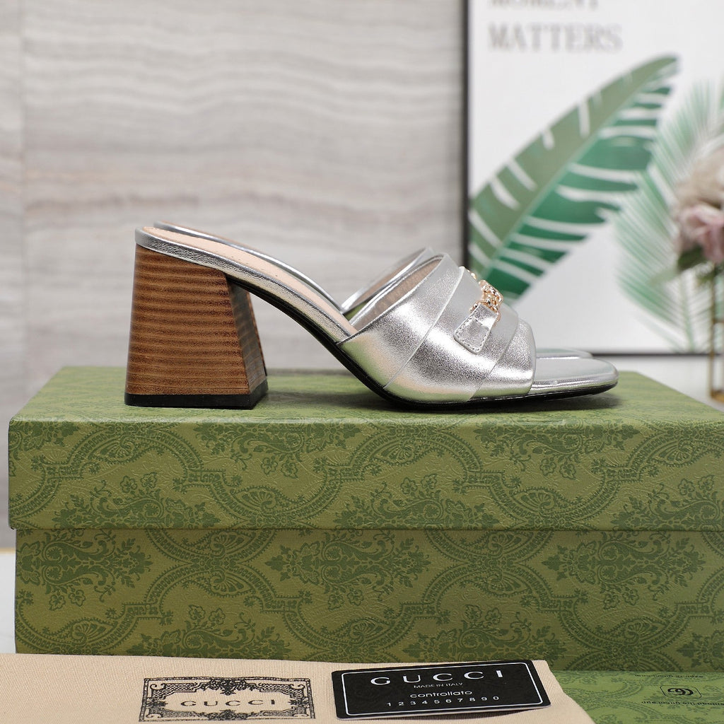 GUCCI High Heels Half Slippers Silver
