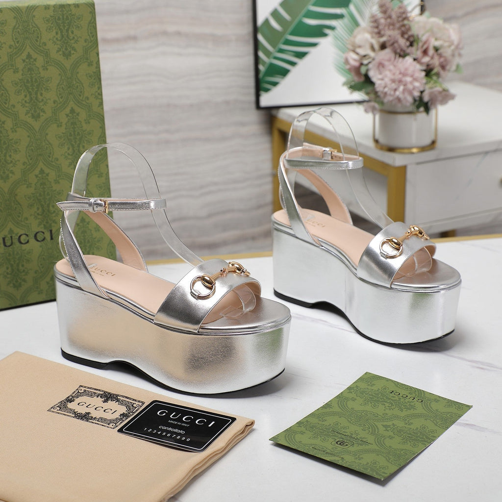 GUCCI Horsebit Wedges Sandals Silver
