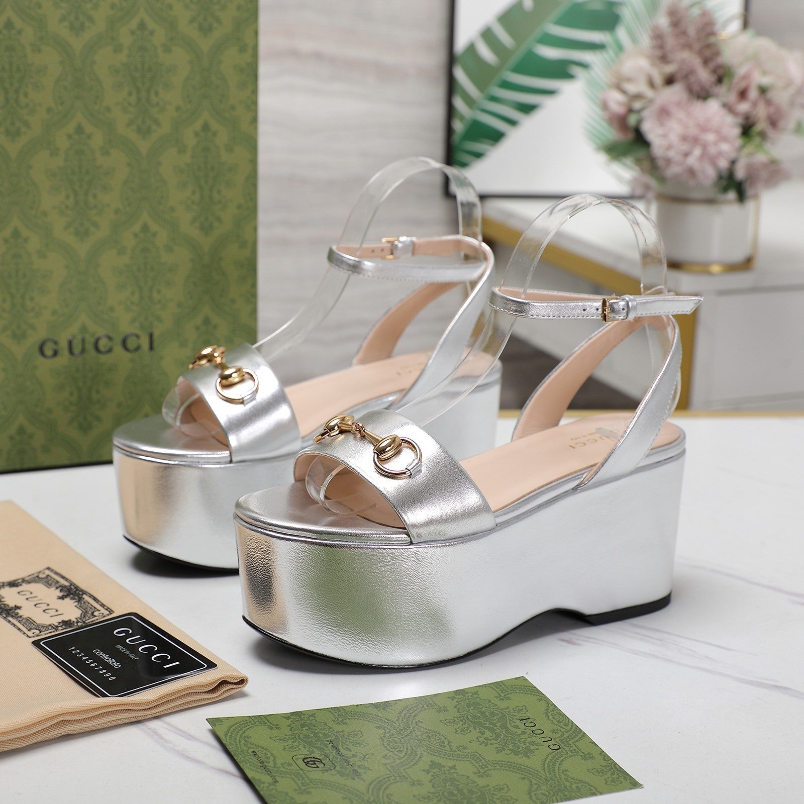 GUCCI Horsebit Wedges Sandals Silver