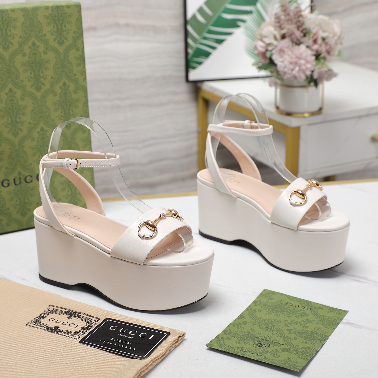 GUCCI Horsebit Wedges Sandals White