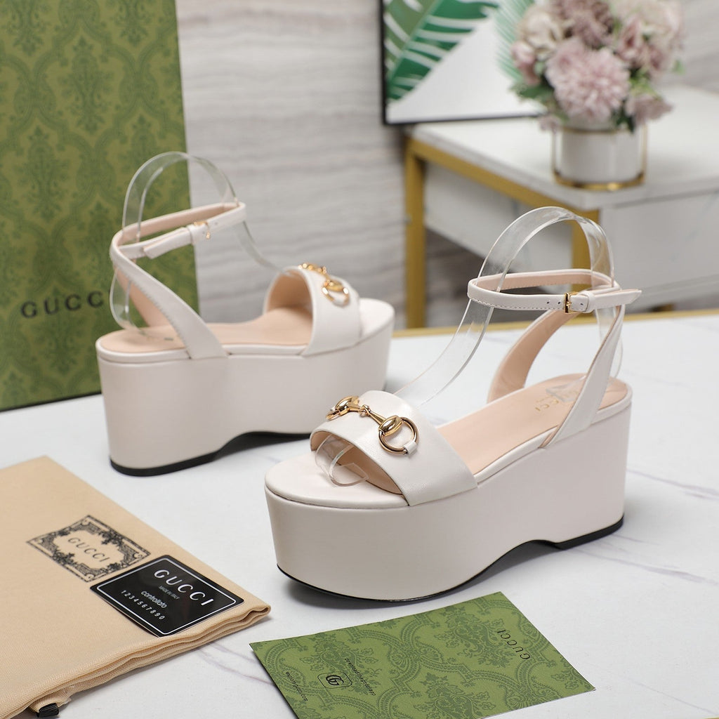 GUCCI Horsebit Wedges Sandals White