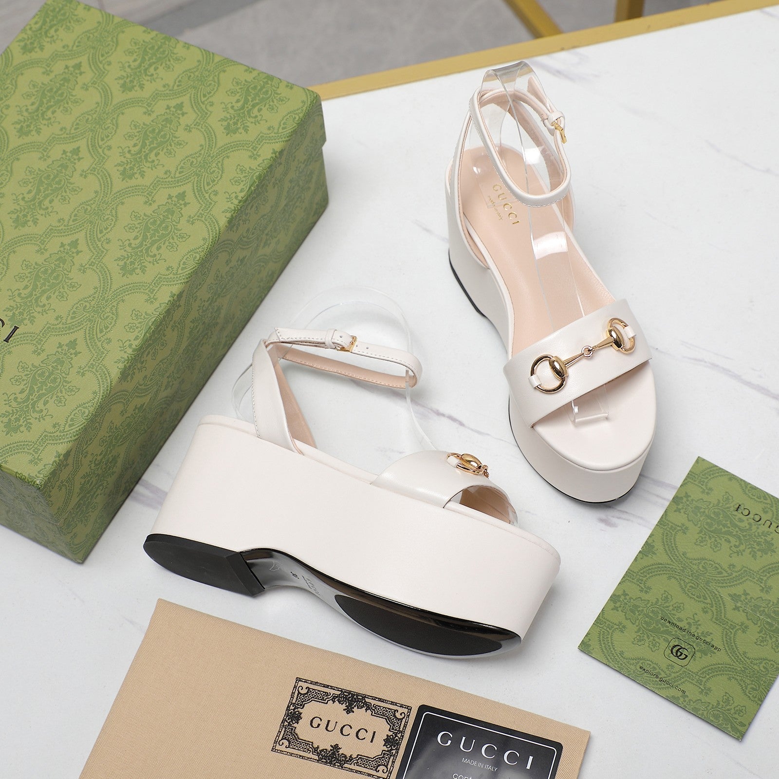 GUCCI Horsebit Wedges Sandals White