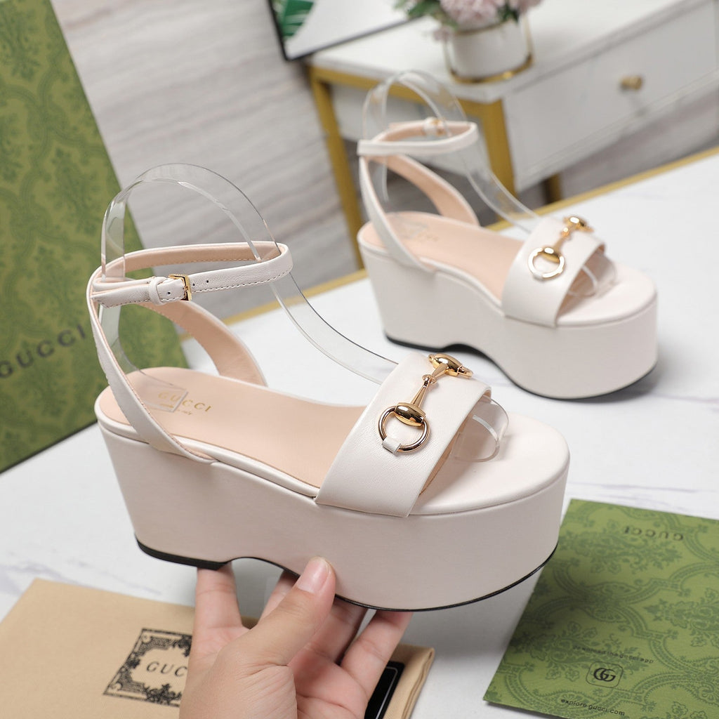 GUCCI Horsebit Wedges Sandals White