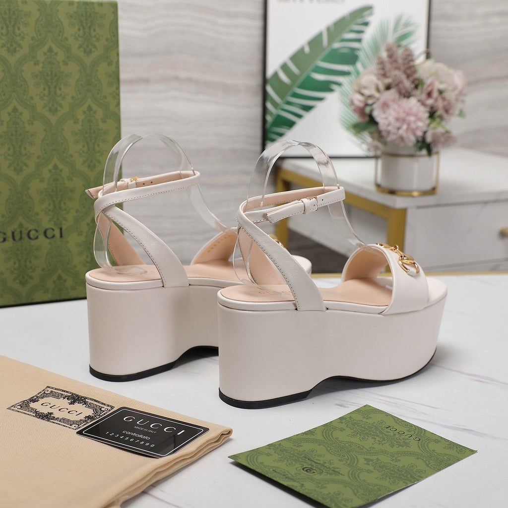 GUCCI Horsebit Wedges Sandals White