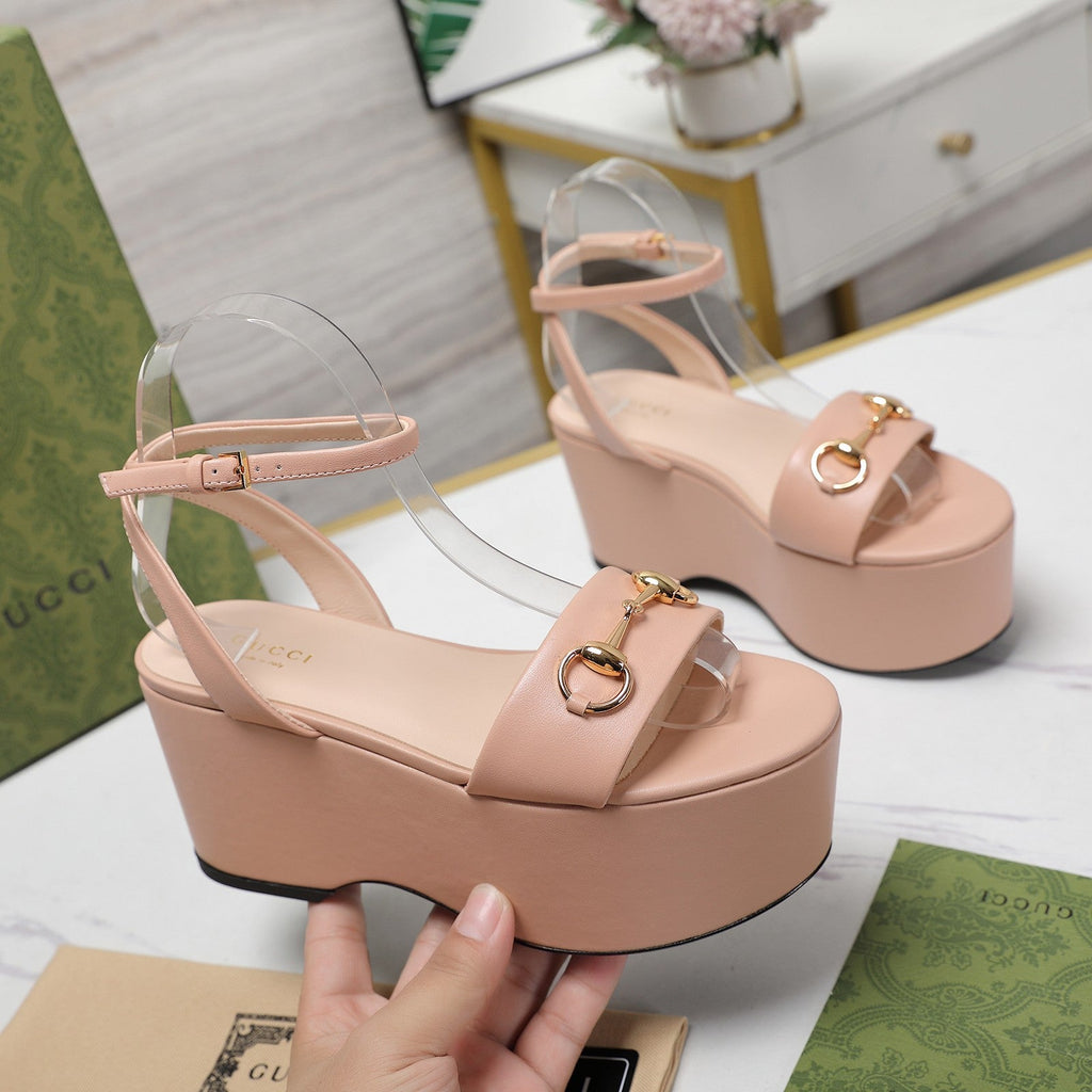 GUCCI Horsebit Wedges Sandals Pink
