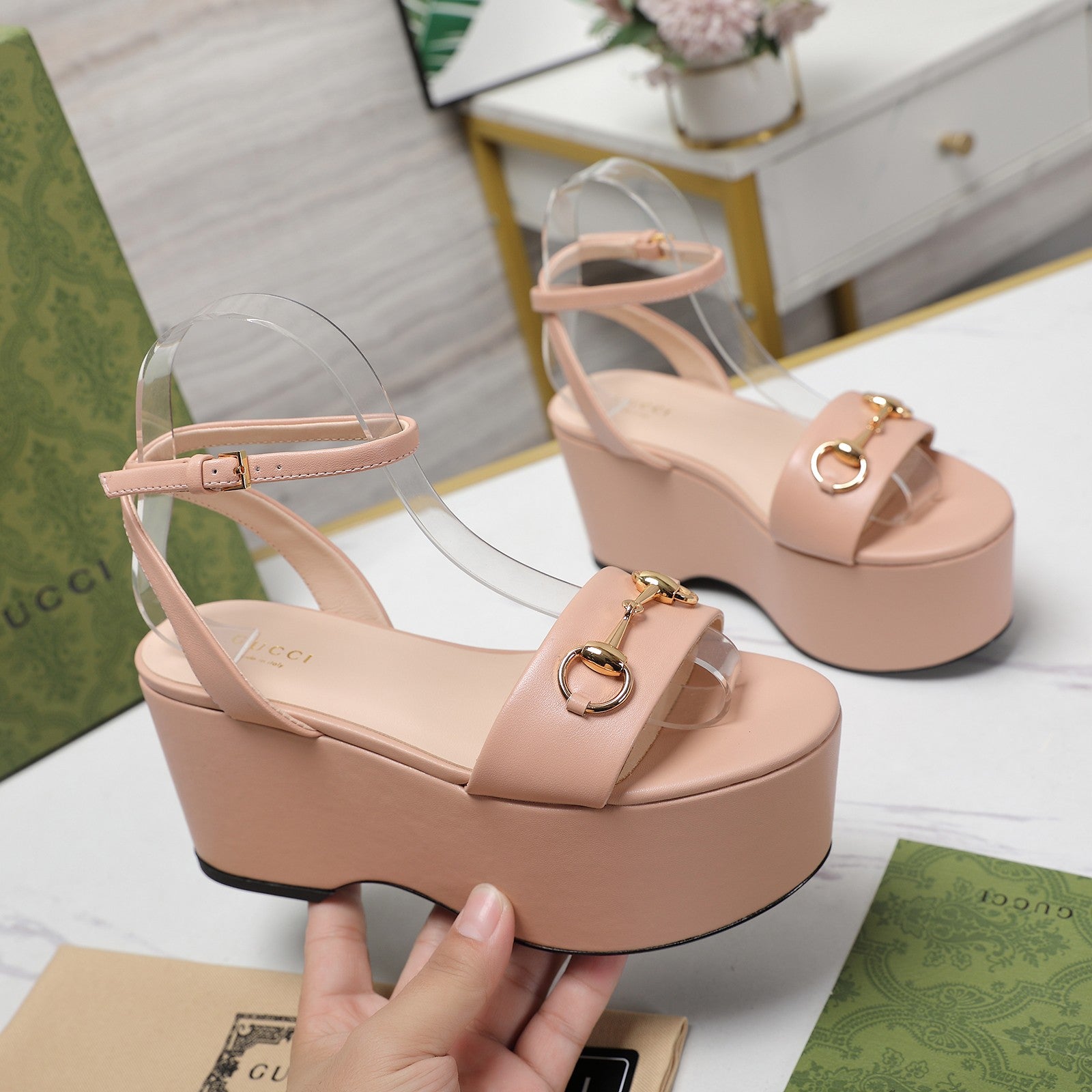 GUCCI Horsebit Wedges Sandals Pink
