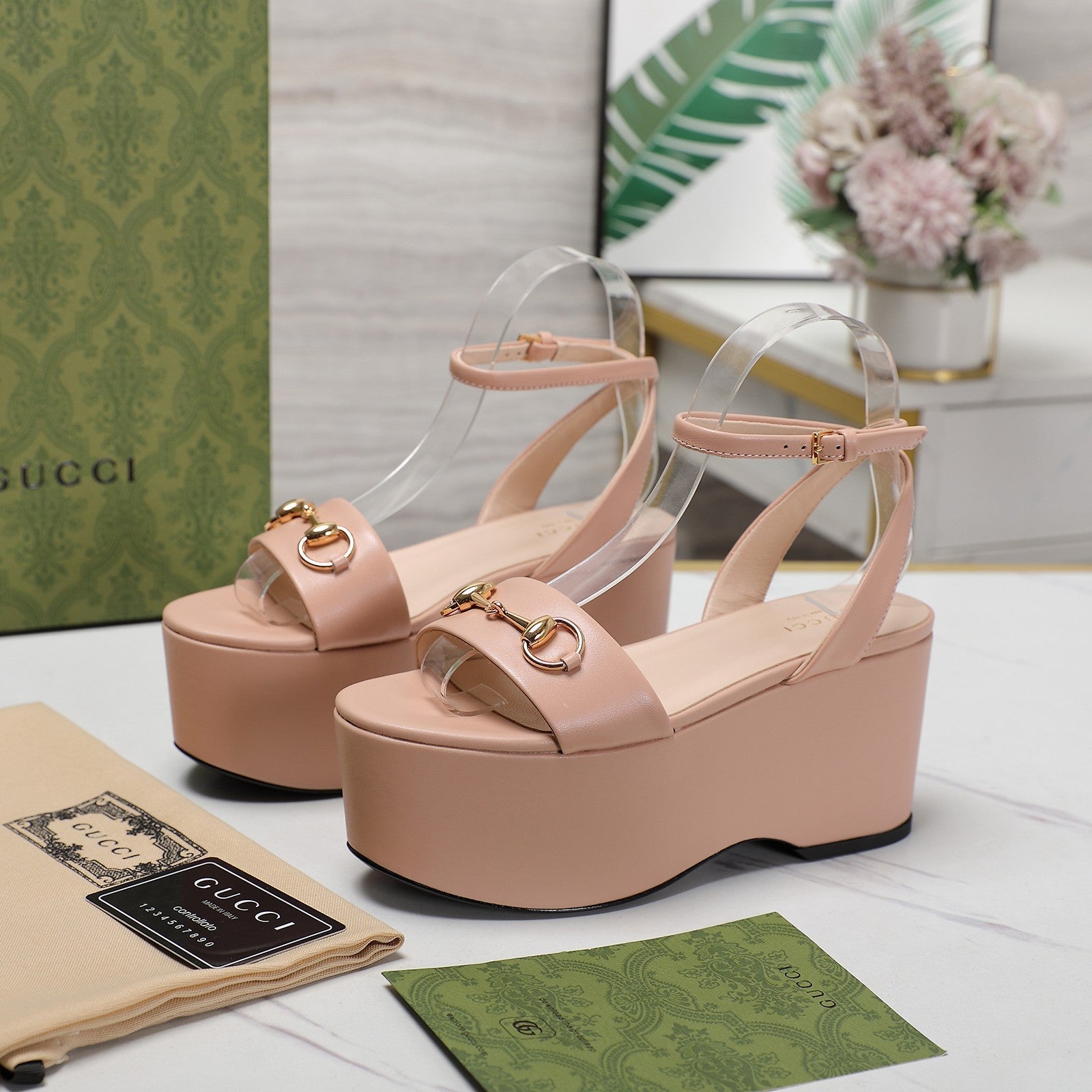 GUCCI Horsebit Wedges Sandals Pink