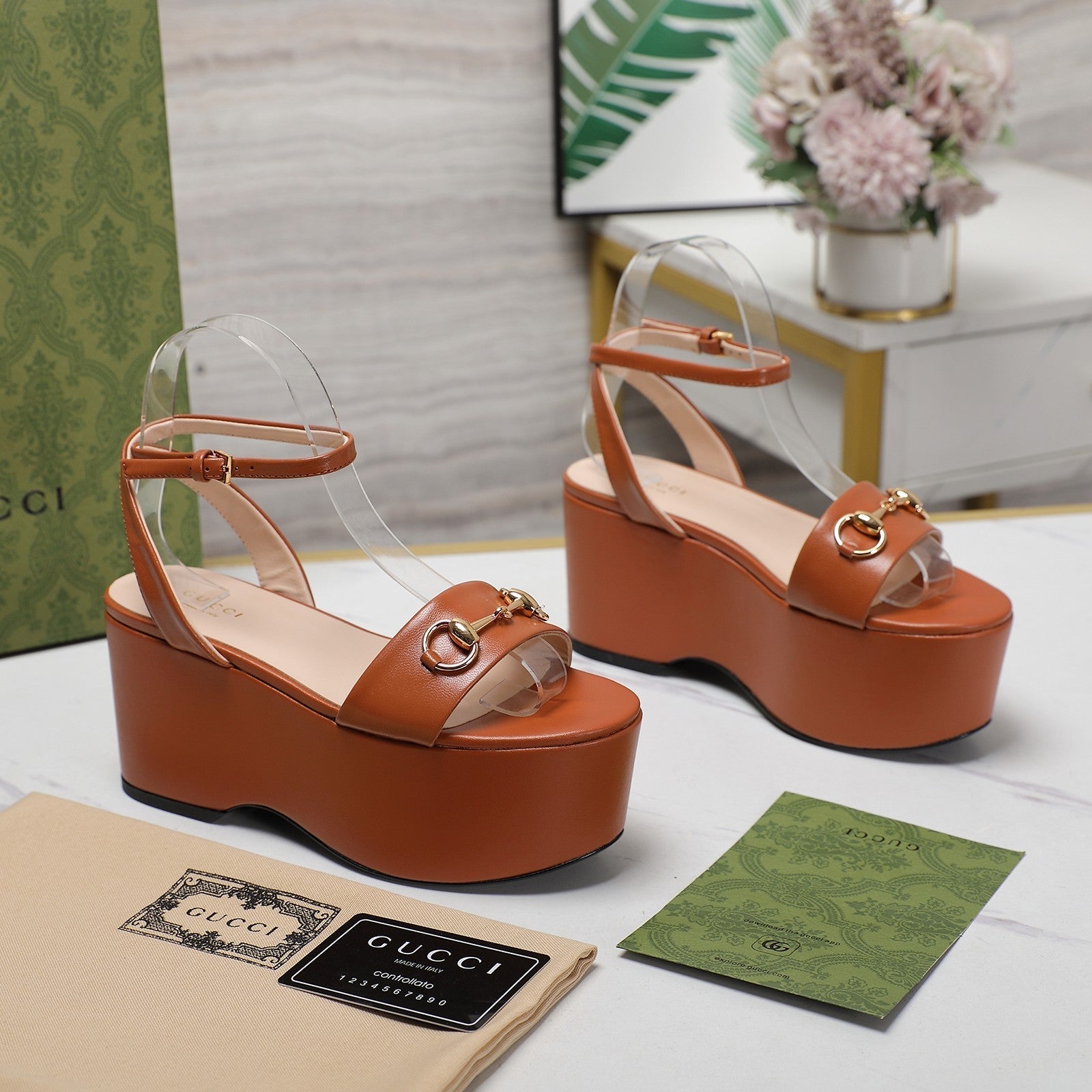 GUCCI Horsebit Wedges Sandals Orange