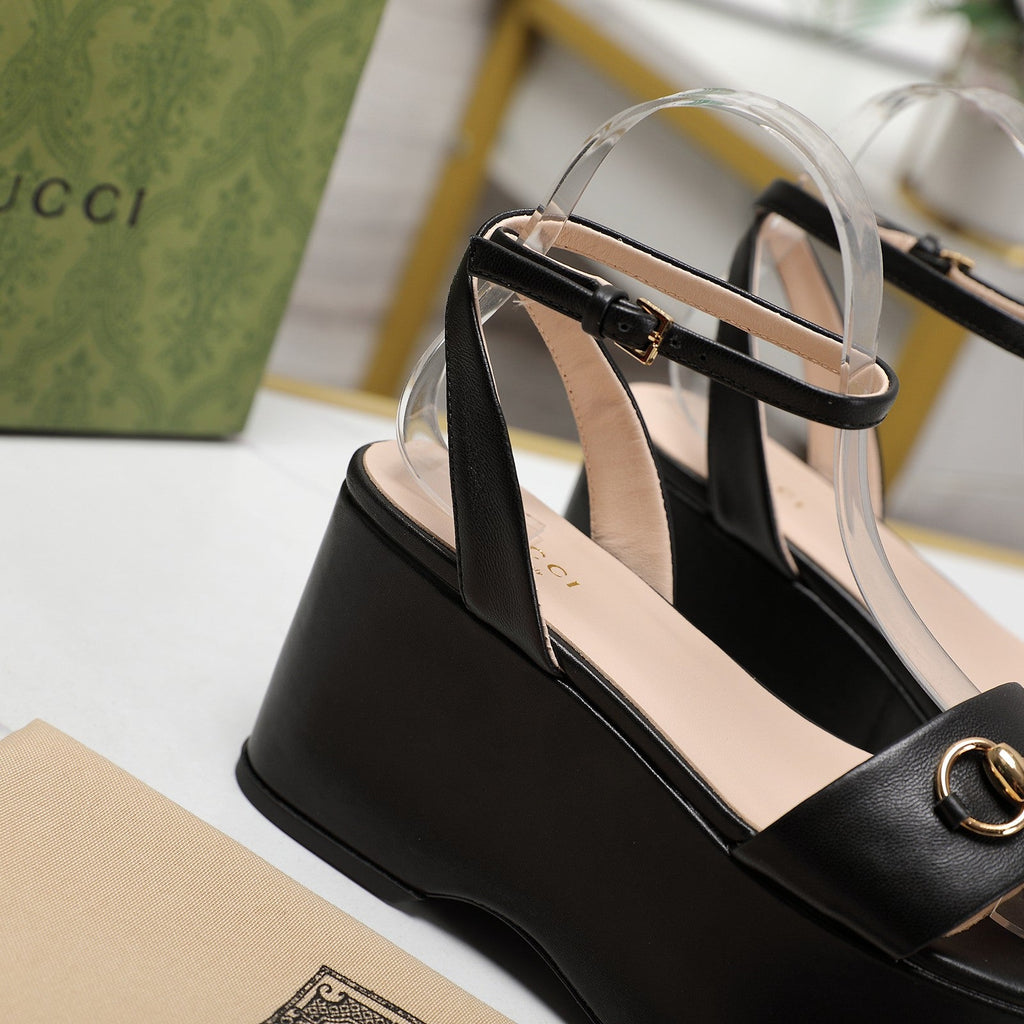 GUCCI Horsebit Wedges Sandals Black