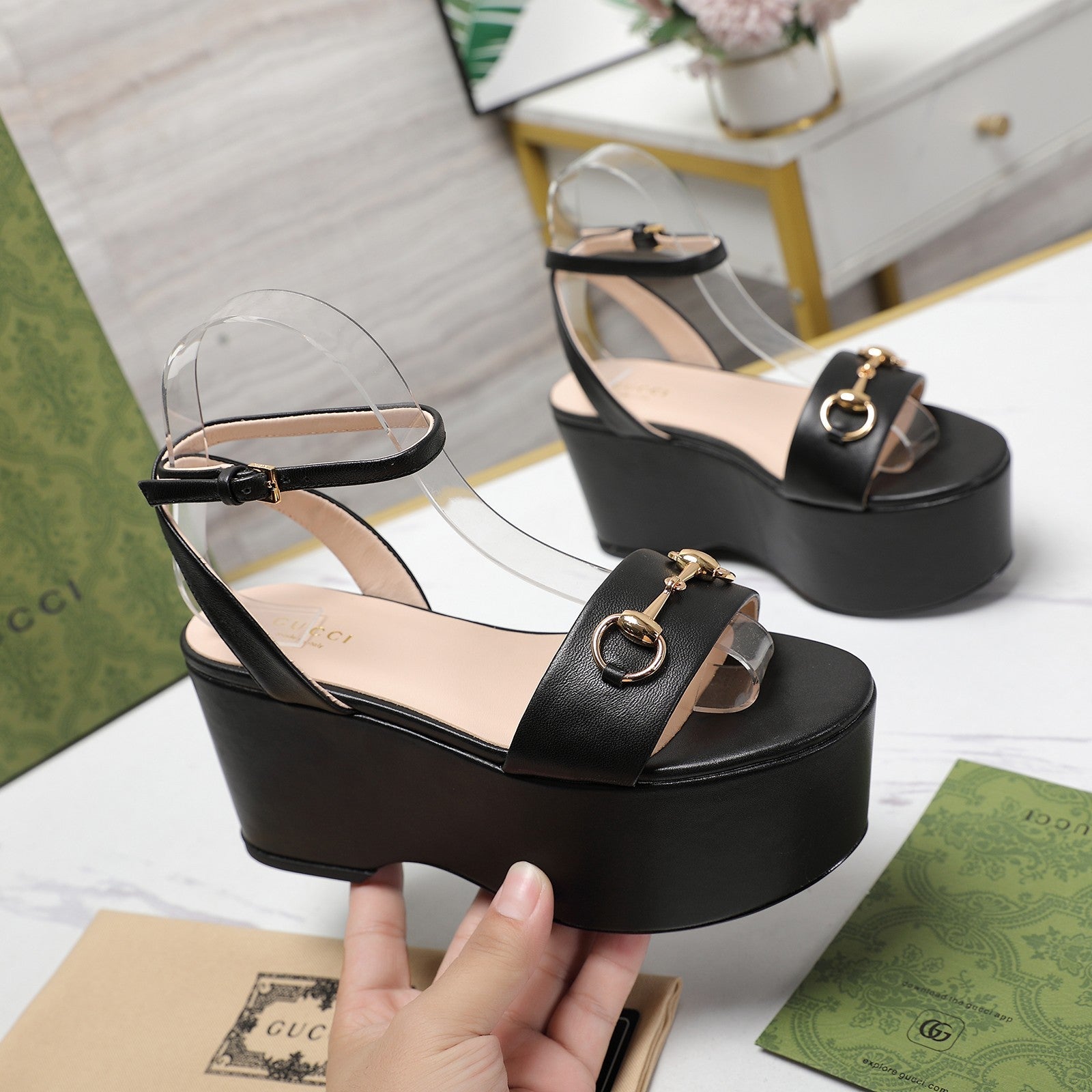 GUCCI Horsebit Wedges Sandals Black