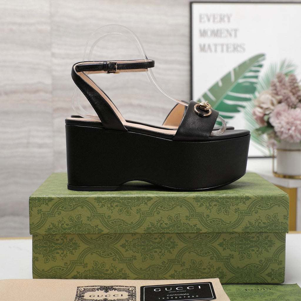 GUCCI Horsebit Wedges Sandals Black