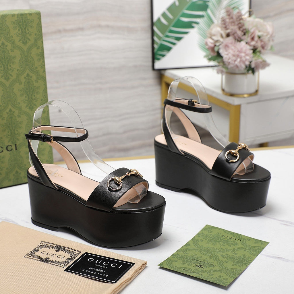 GUCCI Horsebit Wedges Sandals Black